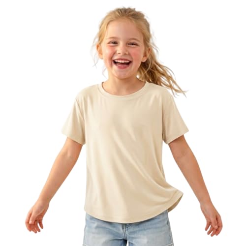 Image of WELAKEN Girls Soft T-Shirt with Curved Hem, Breathable Stretchy Rayon Crewneck Short Sleeve Tees, Kids Everyday Basic Top