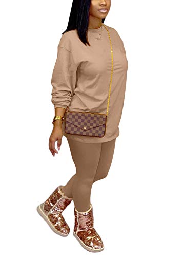 Wonen Two Piece Tracksuit Loose Pullover Sweatshirt Skinny Long Pants Jogging Suit Workout Set Khaki XL