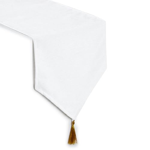 Image of Encasa XO Fine Chenille Table Runner for Dining with V-End and Tassels, 4 Seater Size 32x150 cm - White | Decorative Cloth for Party, Wedding, Home, Cafes, Restaurants & Hotels
