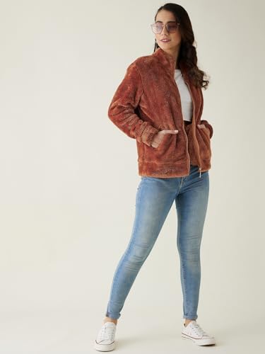 Image of Modeve Women Solid Full Sleeve Fur Standard Length Jacket For Winter