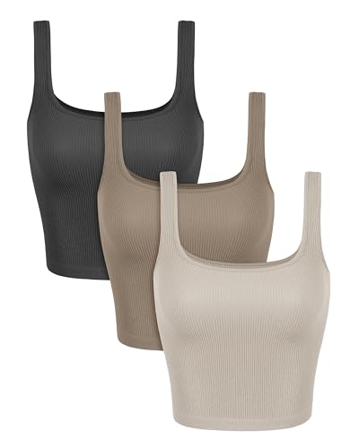 ODODOS 3-Pack Seamless Square Neck Crop Tank for Women Ribbed Knit Soft Low Back Cropped Tops