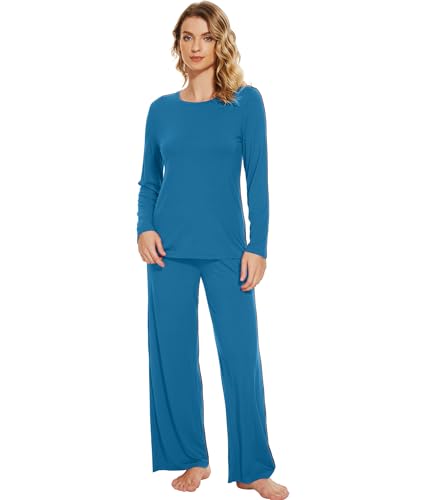 WiWi Conjunto de pijama suave para mujer, viscosa de bambú, manga larga con pantalones, ropa de descanso, 2 piezas, pijamas para dormir, tallas S-XXL, Azul Teal, M
