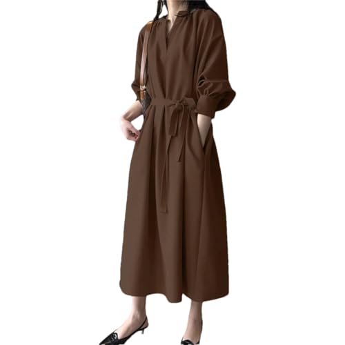 Women Shirt Dress Vintage Solid V-Neck Long Dress Spring Long Sleeve Belted Dress Office Lady Midi Dresses