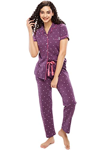 Image of ZEYO Women's Cotton Heart Printed Stylish Night suit set of Shirt & Pajama Set 5612