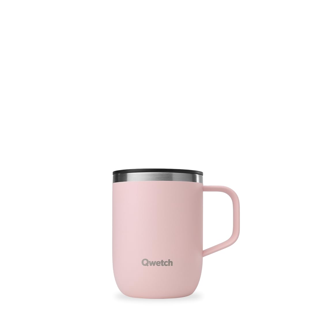 QWETCH - Taza Térmica de Acero Inoxidable Reciclado con Asa 350 ml Rosa Pastel - Taza Térmica para Café y Té - Mantiene 6h Caliente & 12h Frío - Tapa Deslizante Antiderrames & Compatible con Infusores
