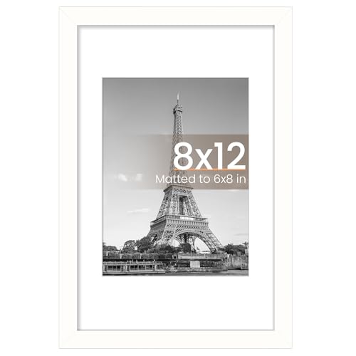 Image of upsimples 8x12 Picture Frame, Display Pictures 6x8 with Mat or 8x12 Without, Wall Hanging Photo Frames, White, 1 Pack