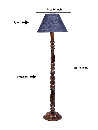 Image of Blue Jute Shade Wooden Floor Lamp with Wooden Base, Height - 53 Inches | Contemporary Standing Lamp for Living Room, Bedroom & Office | Elegant Lighting for Stylish Home Interiors