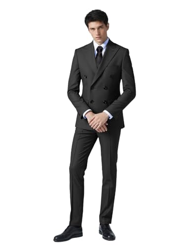 Tuxedo Suits for Men Wedding Prom Dinner Peak Lapel Double Breasted Blazer Blue Shirt Jacket Pants Set with Black Floral Tie4