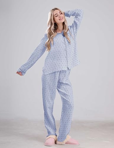 Womens Cotton Gauze Pajama Set Long Sleeve Button Up Shirt and Pants 2 Piece Cute Printed Pj Set3