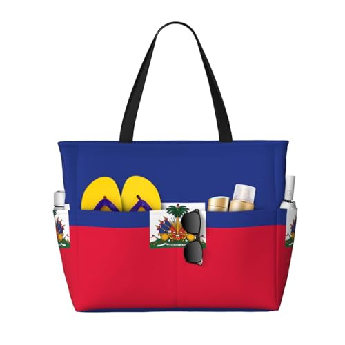 Haitian flag Large capacity beach bag with zipper, perfect for grocery bag pool gym travel shopping foldable beach travel bag,