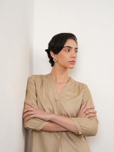 Image of FableStreet Women Formal & Casual Top | V-Neckline with Gathered Back Detail & Three-Quarter Sleeves | Premium Satin Fabric for Office Wear & Sophisticated Outings