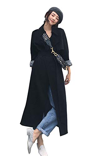 Chartou Women's Elegant Chic Lapel Collar Open Front Belted Long Trench Coat Parka Overcoat (Medium, Black)