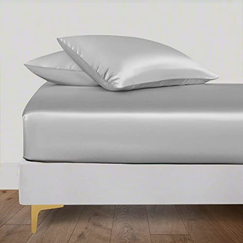 Linenwalas Fitted Sheet Queen Size, Bamboo Silk Sheet - Deep Pocket Fitted Sheet Only, Soft, Luxury Premium Bottom Sheet Cooling Bamboo Bedding (Queen Size/Silver) #TOP18