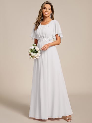 Image of Ever-Pretty Women's Classic Round Neck Pleated Short Sleeves Chiffon Appliques Floor Length A Line Formal Evening Dresses