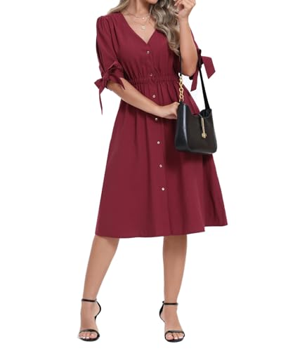 Image of Women Linen Rayon Blend Midi V Neck Button Front Elastic Waist Puff Sleeve Tie Casual Summer Dress