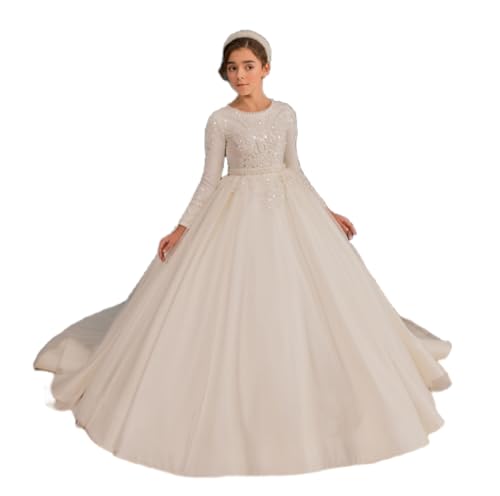 Long Satin White Flower Girl Dress Elegant Holy Communion Dress Beaded Long Sleeves Princess Ball Gowns for Teen Girls