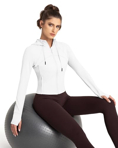 QUEENIEKE Womens Gym Tops with Hooded Full Zip up Running Jacket Long Sleeve Top Hoodies With Thumbholes - Image 5