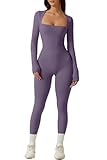 QINSEN Women's Stretchy Romper Square Neck Bodycon Curvy Long Leggings Bodysuit Purple S