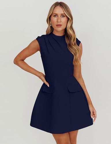 Image of YMDUCH Women's Summer Cap Sleeve Mock Neck Slim Fit A-line Mini Party Dress Navy