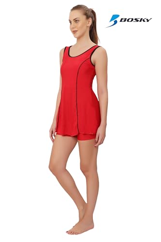Image of BOSKY Women Frock Style One Piece Swimming Costume Stretchable Swimwear Ladies Swimsuit Flexible Fit Sleeveless Swim Dress Suit Set