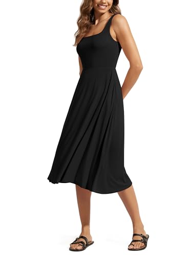 ODODOS Square Neck Midi Dress with Pockets for Women Summer Casual Sleeveless Sundress Flare Tank Dress, Black, Large