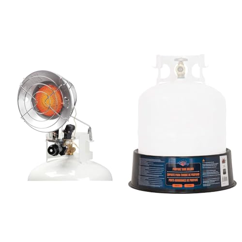 Image of 15,000 BTU Single Tank Top Portable Propane Radiant Heater,Grey /Silver & Flame King YSNPBS Propane Cylinder Base Stabilizer, Fits 20lb, 30lb, and 40lb Tanks, Black