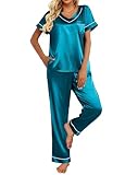 Ekouaer Womens Silk Satin Pajamas Set Two Piece Pj Sets Sleepwear Loungewear Short Sleeve Pj Sets Blue