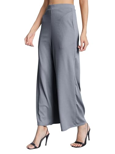 Image of Selvia Women's Solid Ribbed Lycra Elastic Regular Fit Wide-Leg Trouser