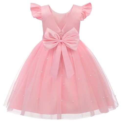 JerrisApparel Vestido de fiesta de princesa para niñas, falda de tul de satén con espalda en V, vestido de fiesta de boda, Rosado, 7-8 años