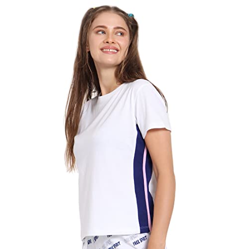 Image of Bewakoof Women Hashtag Blue Color Block Panel T-Shirt