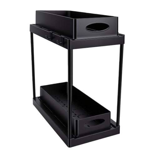 Asixxsix organizador de almacenamiento debajo del fregadero, 2 niveles, color negro, con cajones extraíbles y construcción en plástico ABS para cocina y baño miniatura 1