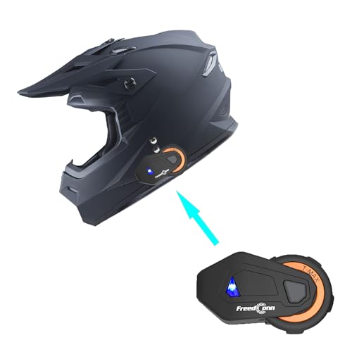 1Storm Adult Motocross Helmet BMX MX ATV Dirt Bike Helmet Racing Style HF801 + Motorcycle Bluetooth Headset: Matt Black