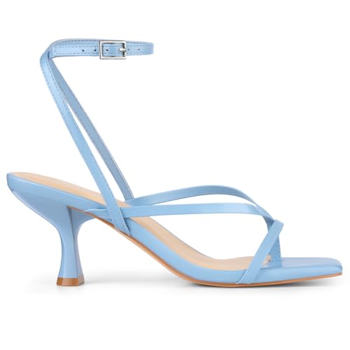 Image of Women's Kitten Heel Strappy Open Square Toe Thong Ankle Strap Heels for Wedding