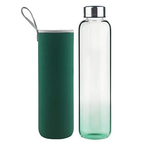 DEARRAY Botella de Agua de Cristal de Borosilicato Deportivo 1000ml   1 Litro, Botella de Agua de Vidrio con Funda de Neopreno y Elegante Tapa de Acero Inoxidable