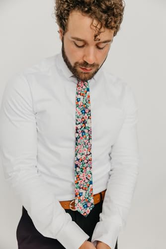 Image of DAZI Men's Skinny Tie Floral Print Cotton Necktie, Great for Weddings, Groom, Groomsmen, Missions, Dances, Gifts.