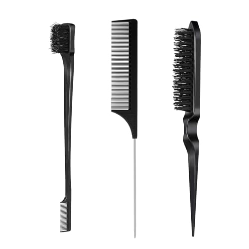 3 Piezas Kit Peine Peinar Cabello, Cepillo Cardar Pelo, Peine de Cola con Punta, Cepillo de Doble Borde Peine, Cepillos de Peinar, para el Hogar, Salones, Peluqueros, Negro