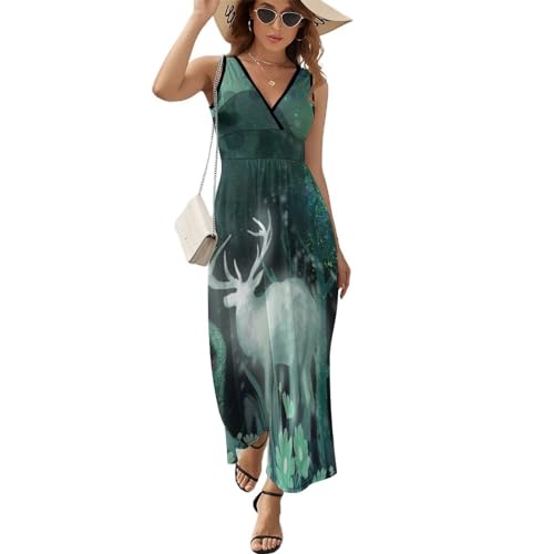 Robe maxi col V décontractée d'été imprimé cerf de forêt pour femme
