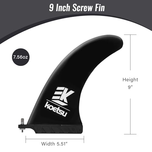 KOETSU 9\" SUP/Surf Fin - Easy Install-Free No Tool Fin Screw - Center Fin for Longboard, SUP Replacement Fins for Surfing, Surfboard, Stand-up Paddle Board, Longboard, Black