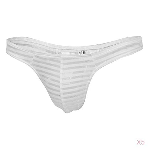 5 Sexy Men's Sheer Mesh Striped Pouch Thong Brief T-back Underwear XL White-image-48