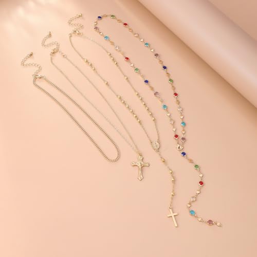 Gold Color Cross Pendant Necklace Set for Women,Dainty Big Crystal Cross Imitation pearl Layered Chain Necklace Summer Party Jewelry4