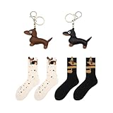Iirlvior Juego de 6 piezas de perro salchicha con calcetines y llavero: 2 calcetines de algodón para perros y 2 colgantes de perro salchicha de poliuretano como regalo para los amantes de los animales