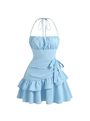 Image of Floerns Women's Floral Halter Ruffle Tiered Cute Summer Mini Dress Milkmaid Vacation Sundress