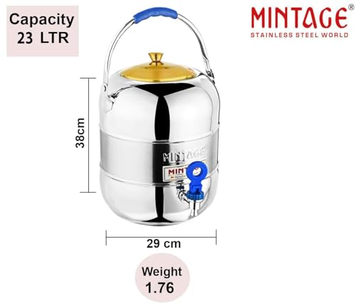 Mintage Water Container With Tap 23 Liters | Water Container For Kitchen | Stainless Steel Water Tank/Pot For Drinking Water Dispenser | Steel Matka For Water Storage Containers | Water Pots Drinking