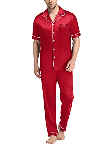 SWOMOG Mens Satin Pajama Set Short Sleeve Classic Sleepwear Button Down Silky Loungewear with Long Pants
