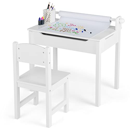 Image of HONEY JOY Kids Table and Chair Set, Wooden Lift-Top Desk & Chair with Storage, Paper Roll Holder & Pen Slot, Activity Table Set for Craft Art, Children Furniture Set for Daycare, Playroom (White)