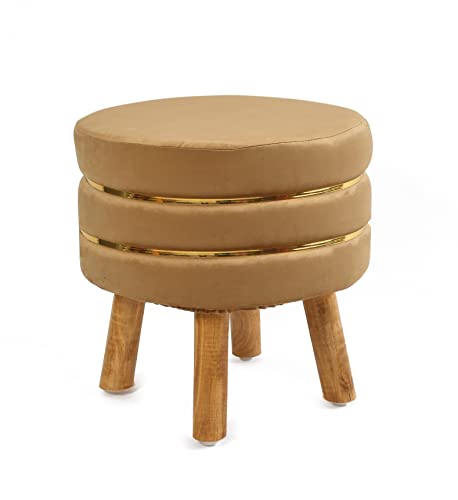 Image of NACIA Velvet Upholstered Ottoman Stool with Wooden Legs | Round Pouffe Footrest Seat for Living Room Bedroom Balcony | Compact Foot Stool for Sitting Home Decor Furniture, 18 Inch (Beige, Set of 1)