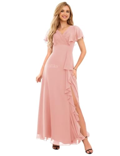 Image of WilFiks Ruffle V Neck Bridesmaid Dresses for Women Long Ruched Chiffon Formal Wedding Guest Dress Evening Gowns with Slit