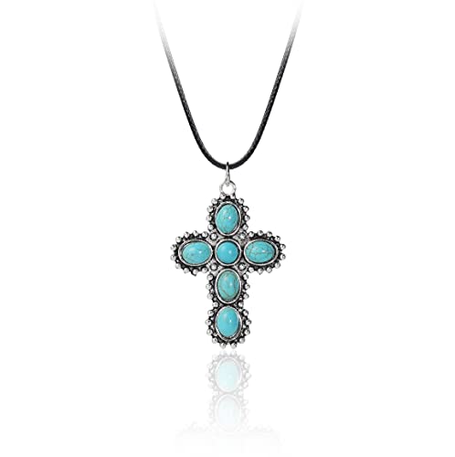 Western Turquoise Necklace Boho Bead Silver Color Cross Vintage Statement Cow Tag lightning Bolt Pendant Necklace Handmade Hippie Accessories Bar Pendant Necklace 90S Jewelry for Women-Cross