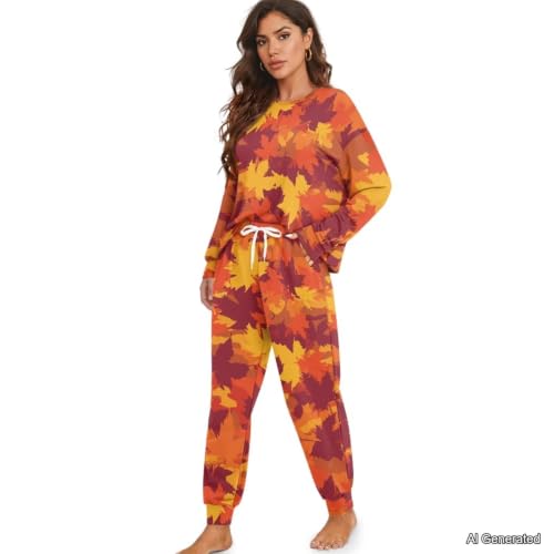 Image of Womens Lounge Set Long Sleeve Soft Pajama Sets | Casual 2 Piece Pj Outfit, Crewneck Sleepwear with Pockets, Adjustable Drawstring, Soft Comfy Fall Pajamas, Plus Size