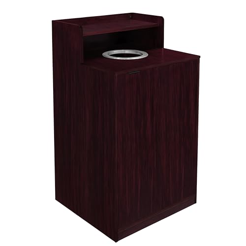 Image of Flash Furniture Dell Trash Can Enclosure with Tray Shelf and 8 inch Drop Hole, Commercial Grade Trash Receptacle for 32 Gallon Round Cans, Swing Door Access, Mahogany